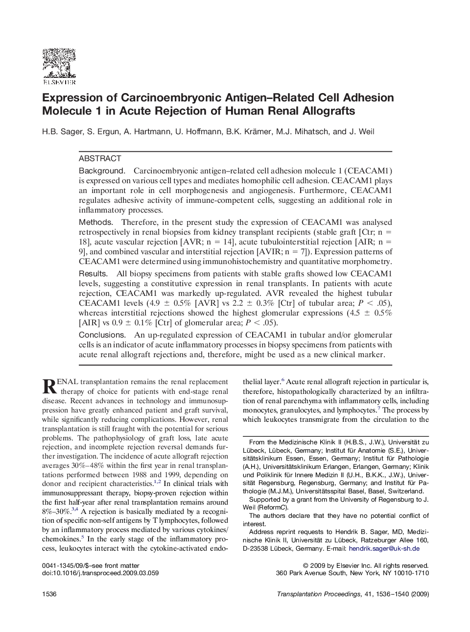 Expression of Carcinoembryonic Antigen-Related Cell Adhesion Molecule 1 in Acute Rejection of Human Renal Allografts