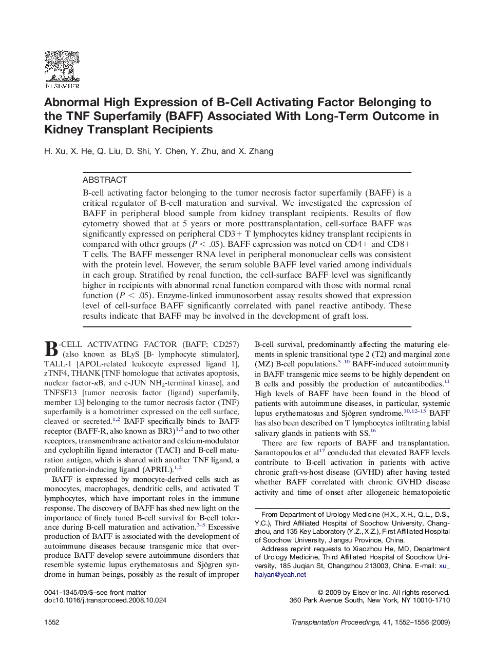 Abnormal High Expression of B-Cell Activating Factor Belonging to the TNF Superfamily (BAFF) Associated With Long-Term Outcome in Kidney Transplant Recipients