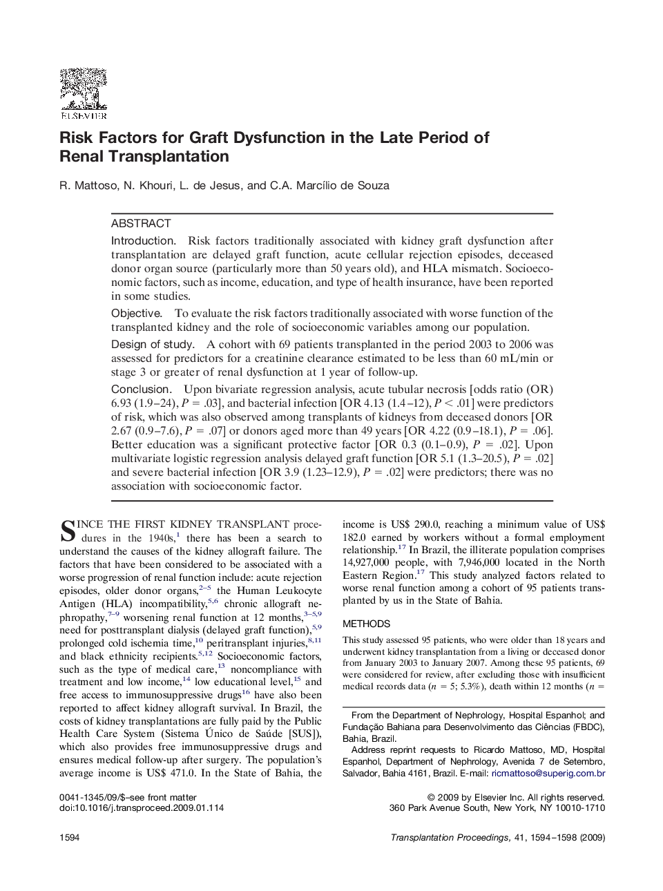 Risk Factors for Graft Dysfunction in the Late Period of Renal Transplantation