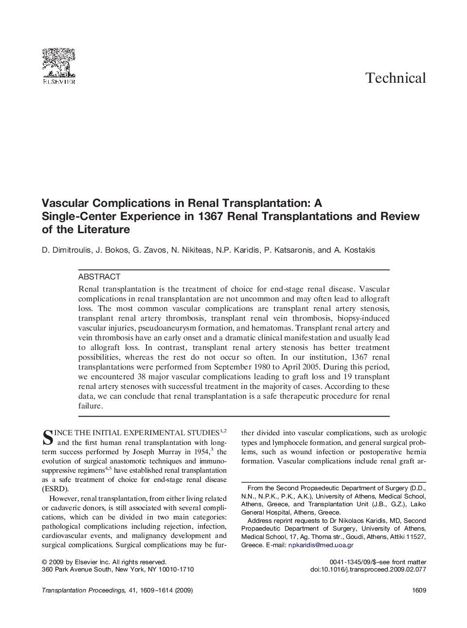 Vascular Complications in Renal Transplantation: A Single-Center Experience in 1367 Renal Transplantations and Review of the Literature