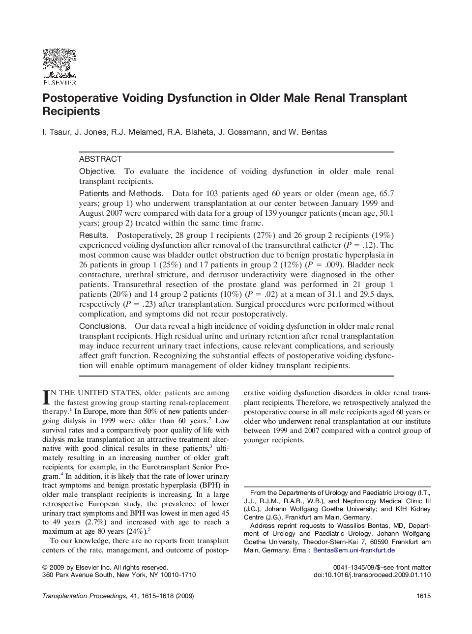 Postoperative Voiding Dysfunction in Older Male Renal Transplant Recipients