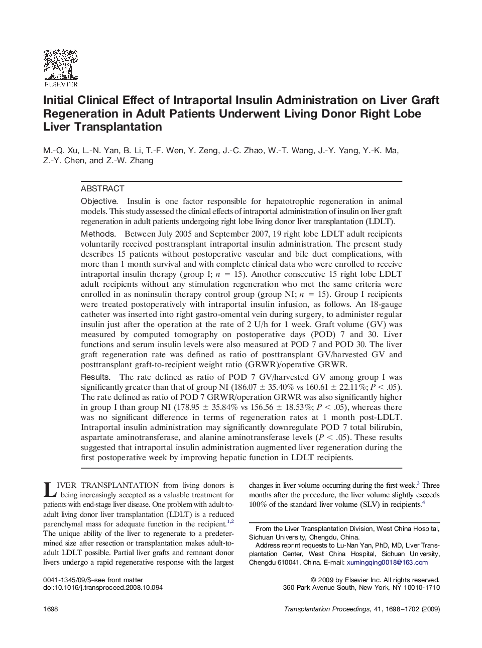 Initial Clinical Effect of Intraportal Insulin Administration on Liver Graft Regeneration in Adult Patients Underwent Living Donor Right Lobe Liver Transplantation