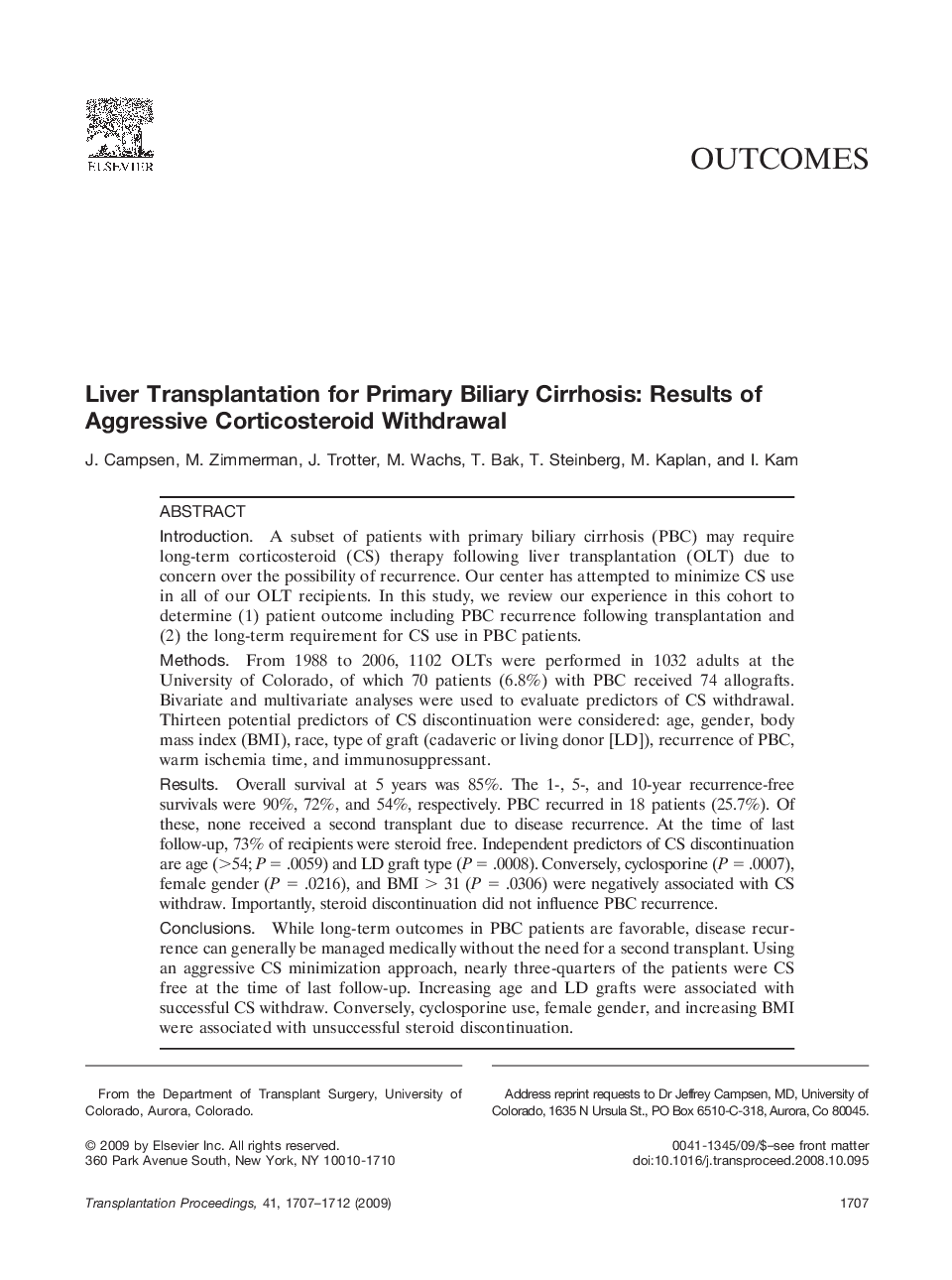 Liver Transplantation for Primary Biliary Cirrhosis: Results of Aggressive Corticosteroid Withdrawal