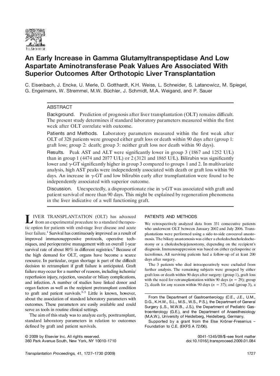 An Early Increase in Gamma Glutamyltranspeptidase And Low Aspartate Aminotransferase Peak Values Are Associated With Superior Outcomes After Orthotopic Liver Transplantation 