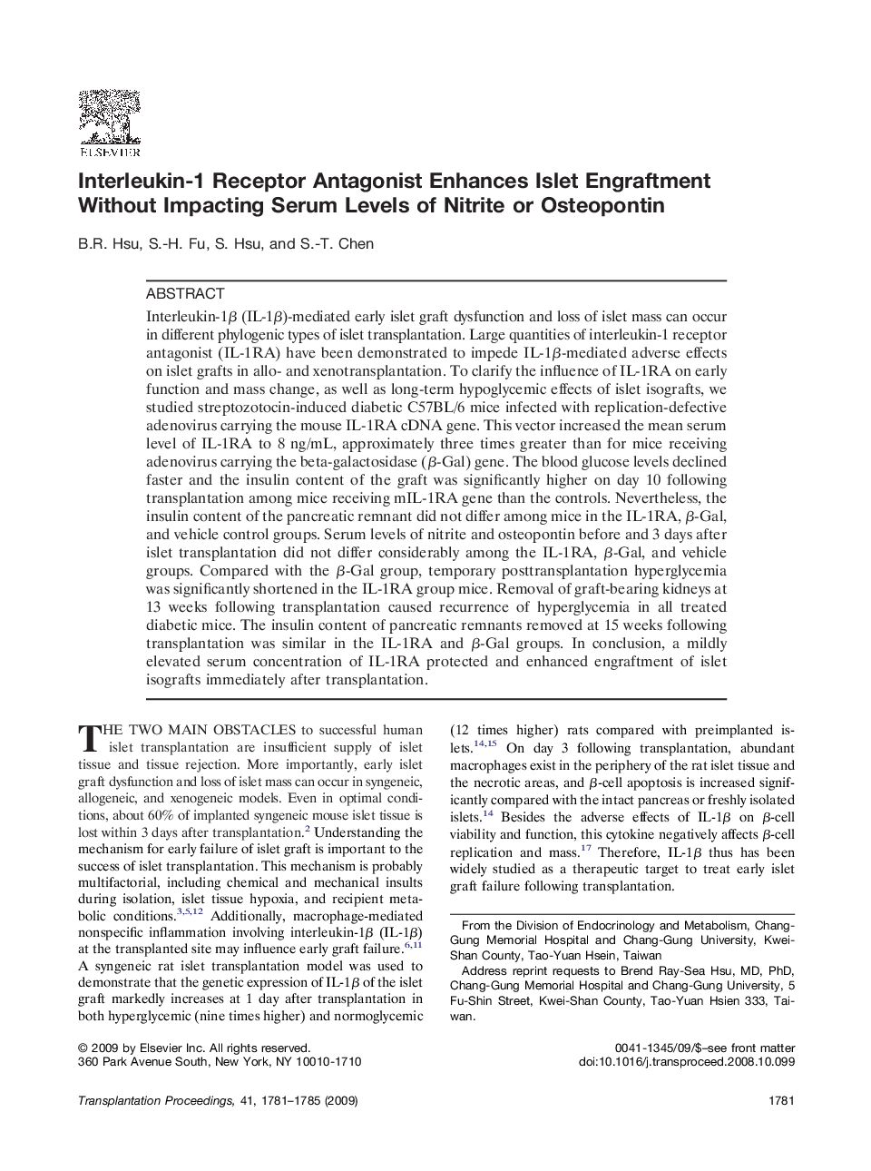 Interleukin-1 Receptor Antagonist Enhances Islet Engraftment Without Impacting Serum Levels of Nitrite or Osteopontin