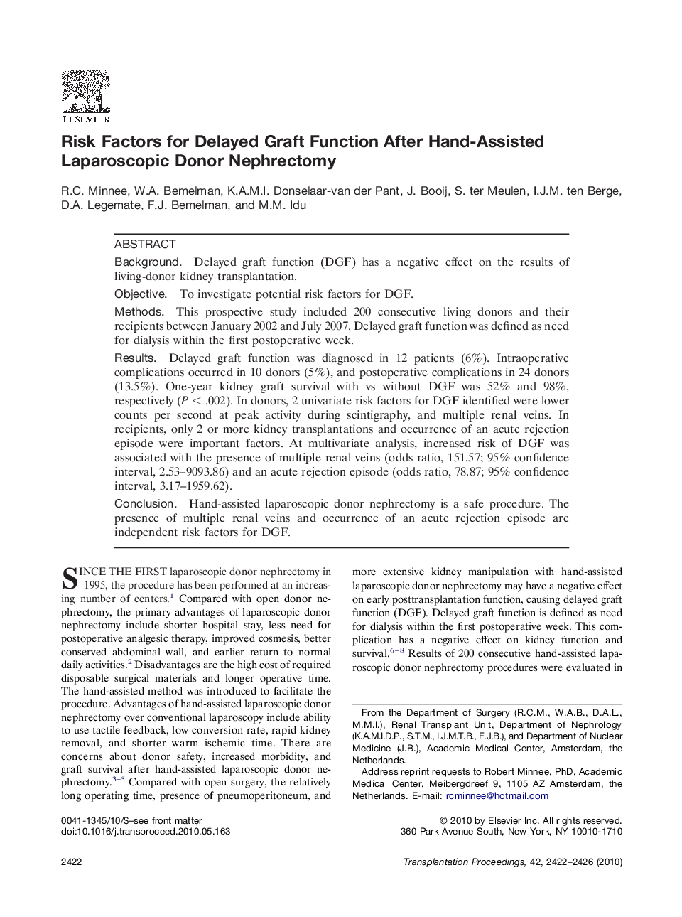 Risk Factors for Delayed Graft Function After Hand-Assisted Laparoscopic Donor Nephrectomy