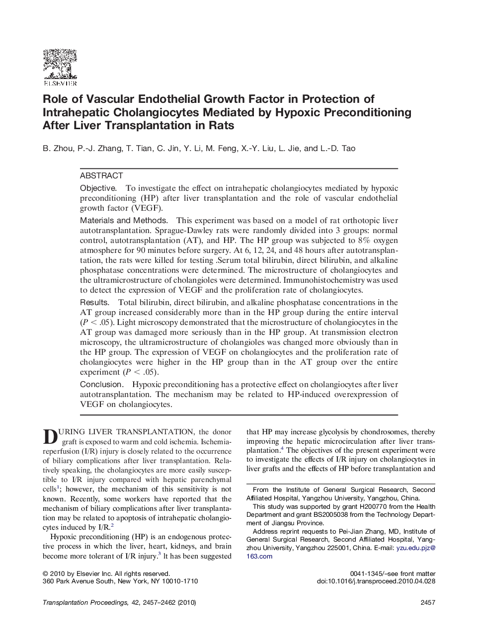 Role of Vascular Endothelial Growth Factor in Protection of Intrahepatic Cholangiocytes Mediated by Hypoxic Preconditioning After Liver Transplantation in Rats 