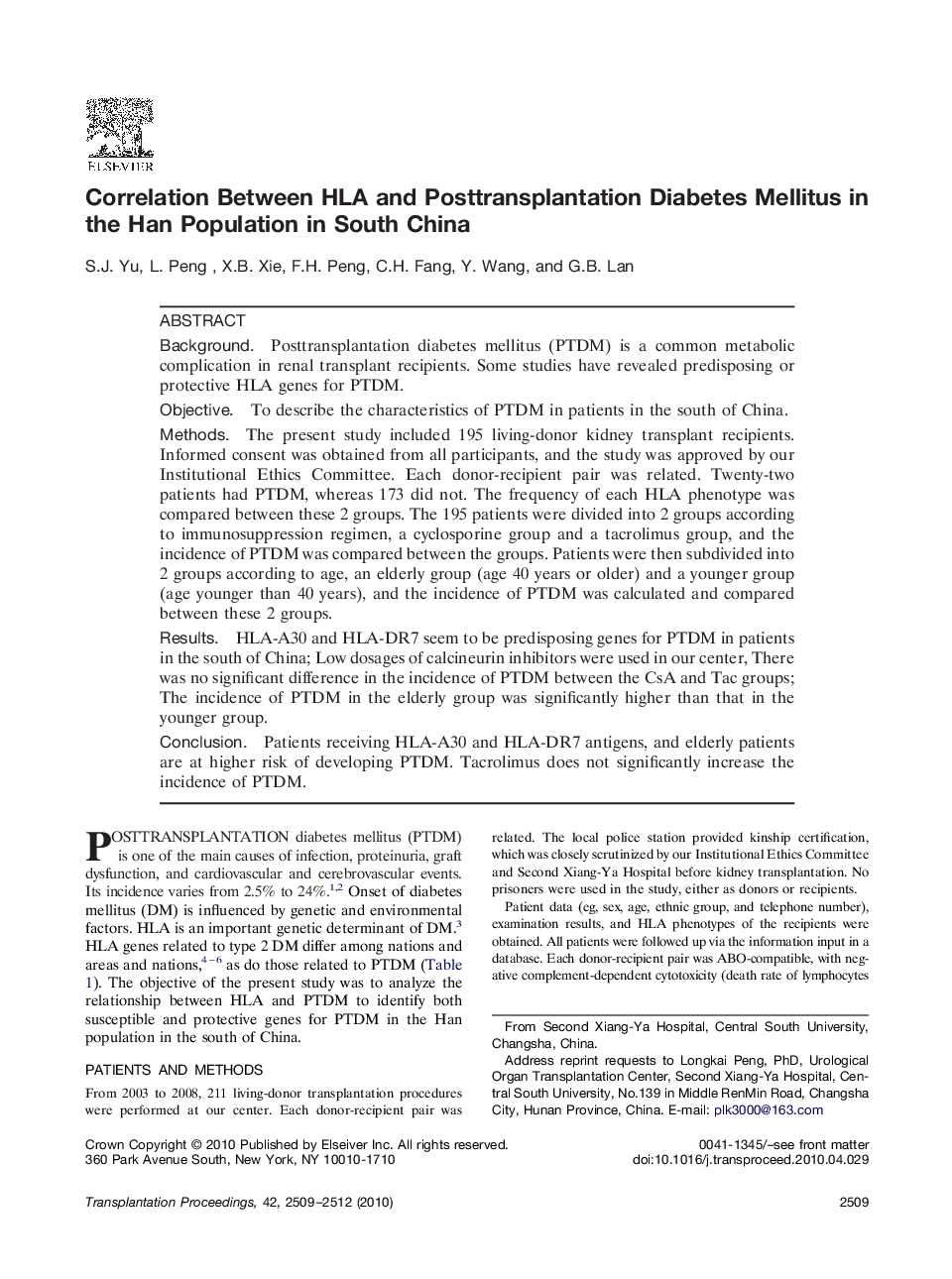 Correlation Between HLA and Posttransplantation Diabetes Mellitus in the Han Population in South China