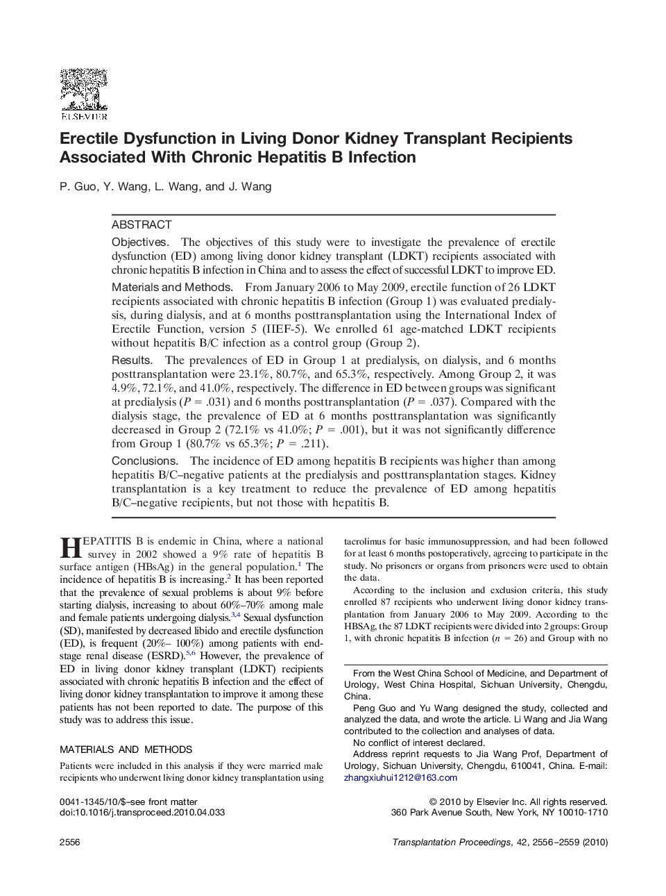 Erectile Dysfunction in Living Donor Kidney Transplant Recipients Associated With Chronic Hepatitis B Infection 