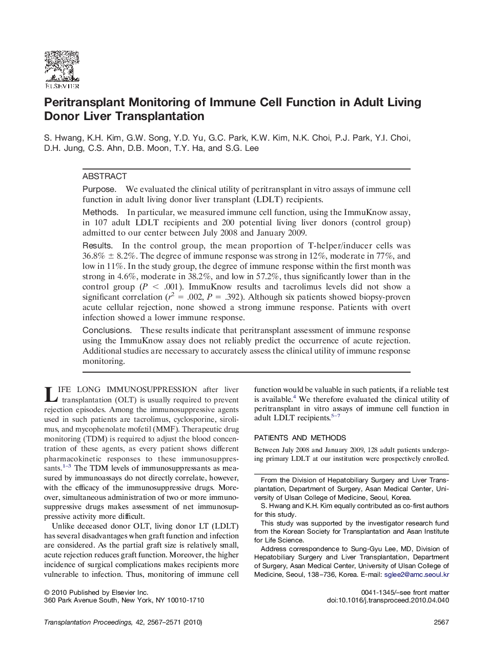 Peritransplant Monitoring of Immune Cell Function in Adult Living Donor Liver Transplantation 