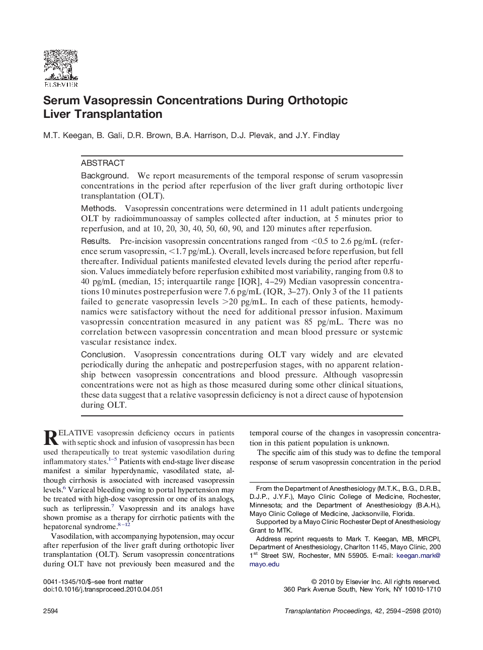 Serum Vasopressin Concentrations During Orthotopic Liver Transplantation