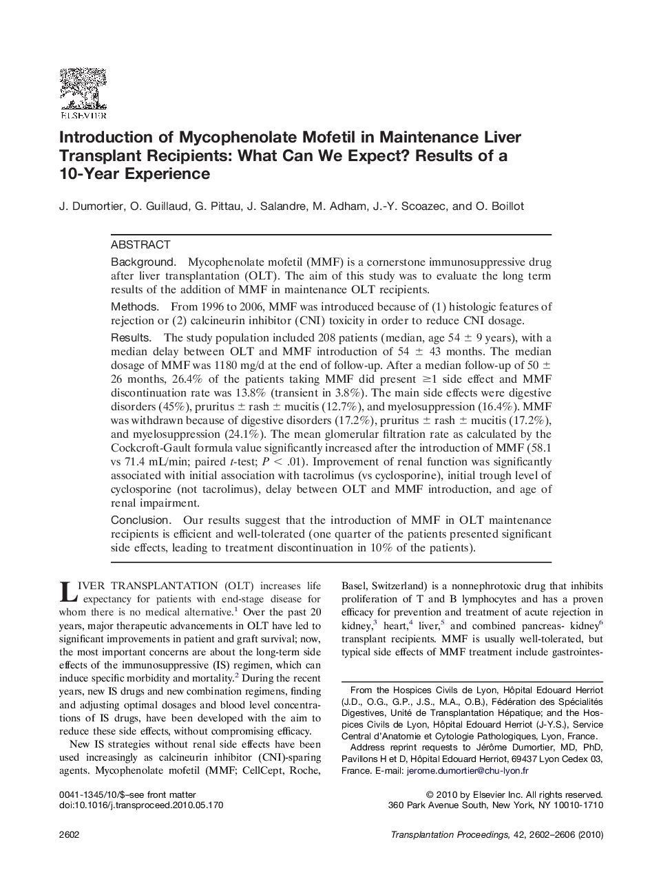 Introduction of Mycophenolate Mofetil in Maintenance Liver Transplant Recipients: What Can We Expect? Results of a 10-Year Experience