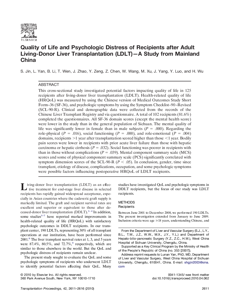 Quality of Life and Psychologic Distress of Recipients after Adult Living-Donor Liver Transplantation (LDLT)—A Study from Mainland China 