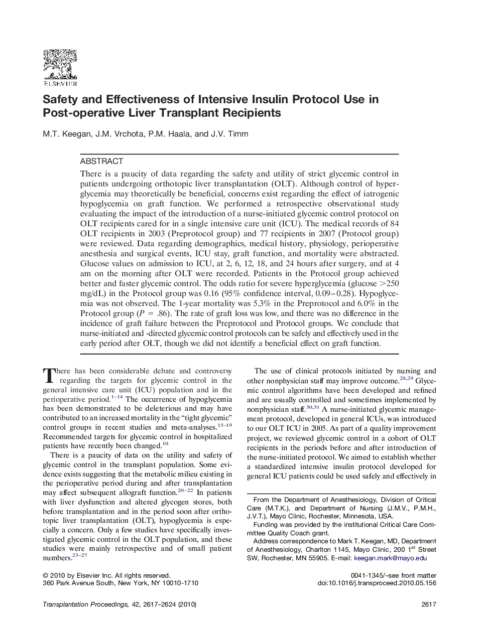 Safety and Effectiveness of Intensive Insulin Protocol Use in Post-operative Liver Transplant Recipients 