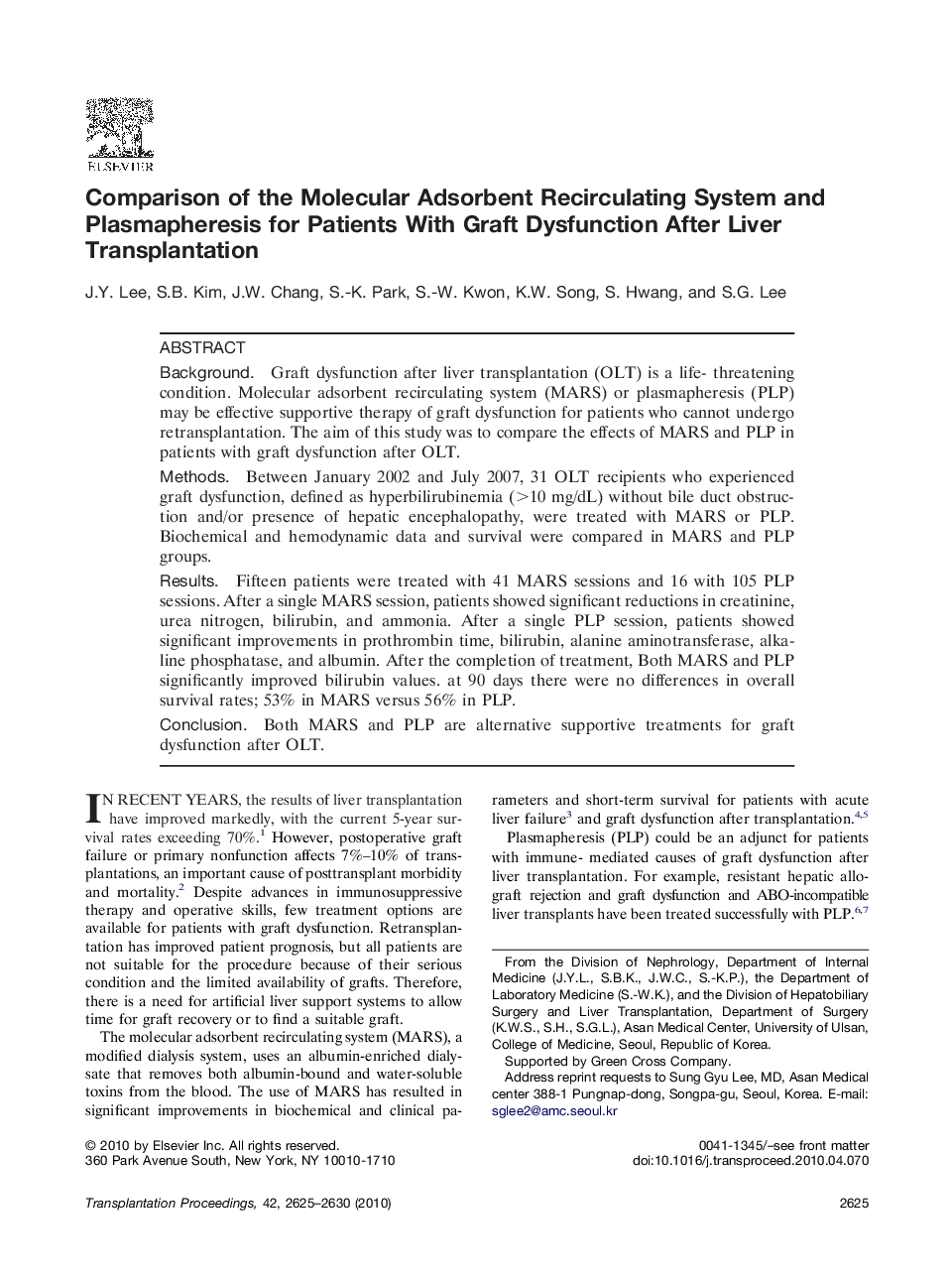 Comparison of the Molecular Adsorbent Recirculating System and Plasmapheresis for Patients With Graft Dysfunction After Liver Transplantation 