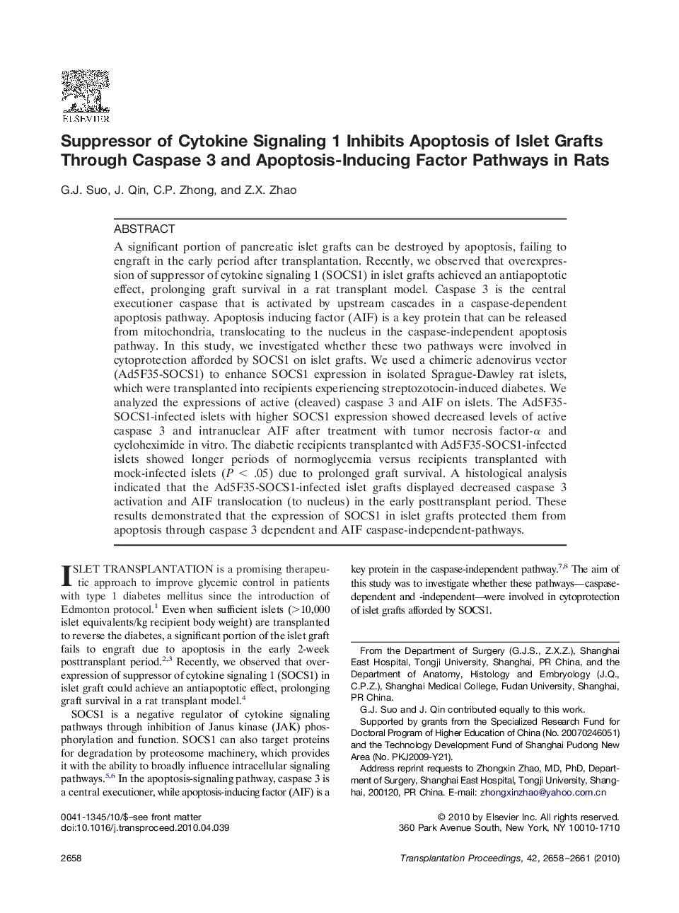 Suppressor of Cytokine Signaling 1 Inhibits Apoptosis of Islet Grafts Through Caspase 3 and Apoptosis-Inducing Factor Pathways in Rats 