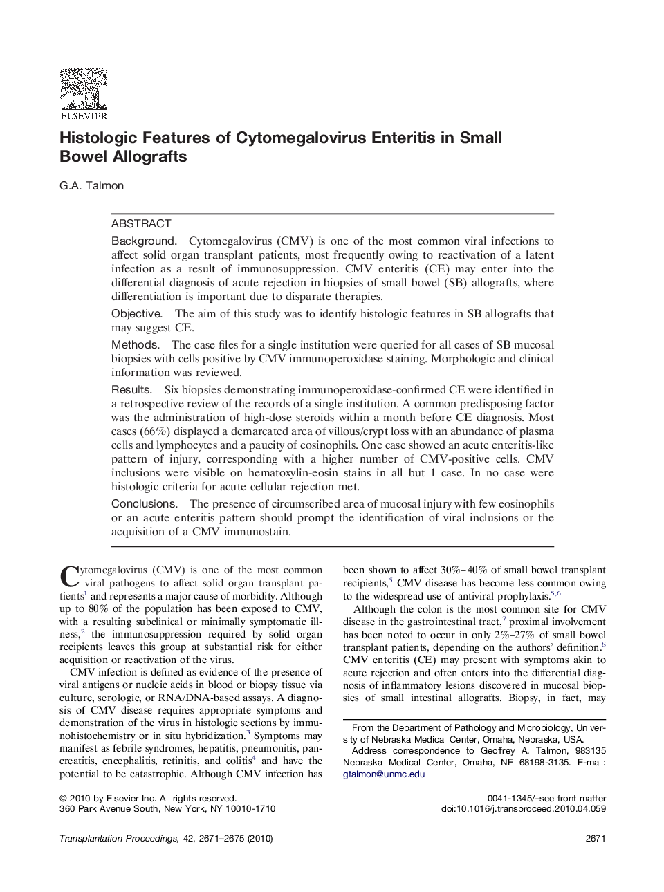 Histologic Features of Cytomegalovirus Enteritis in Small Bowel Allografts