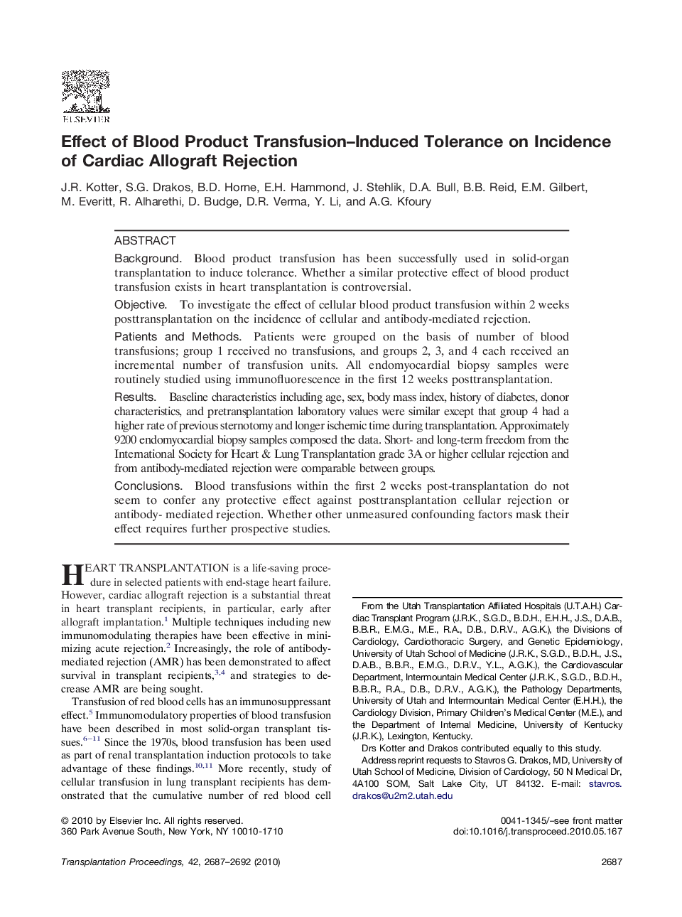 Effect of Blood Product Transfusion–Induced Tolerance on Incidence of Cardiac Allograft Rejection 