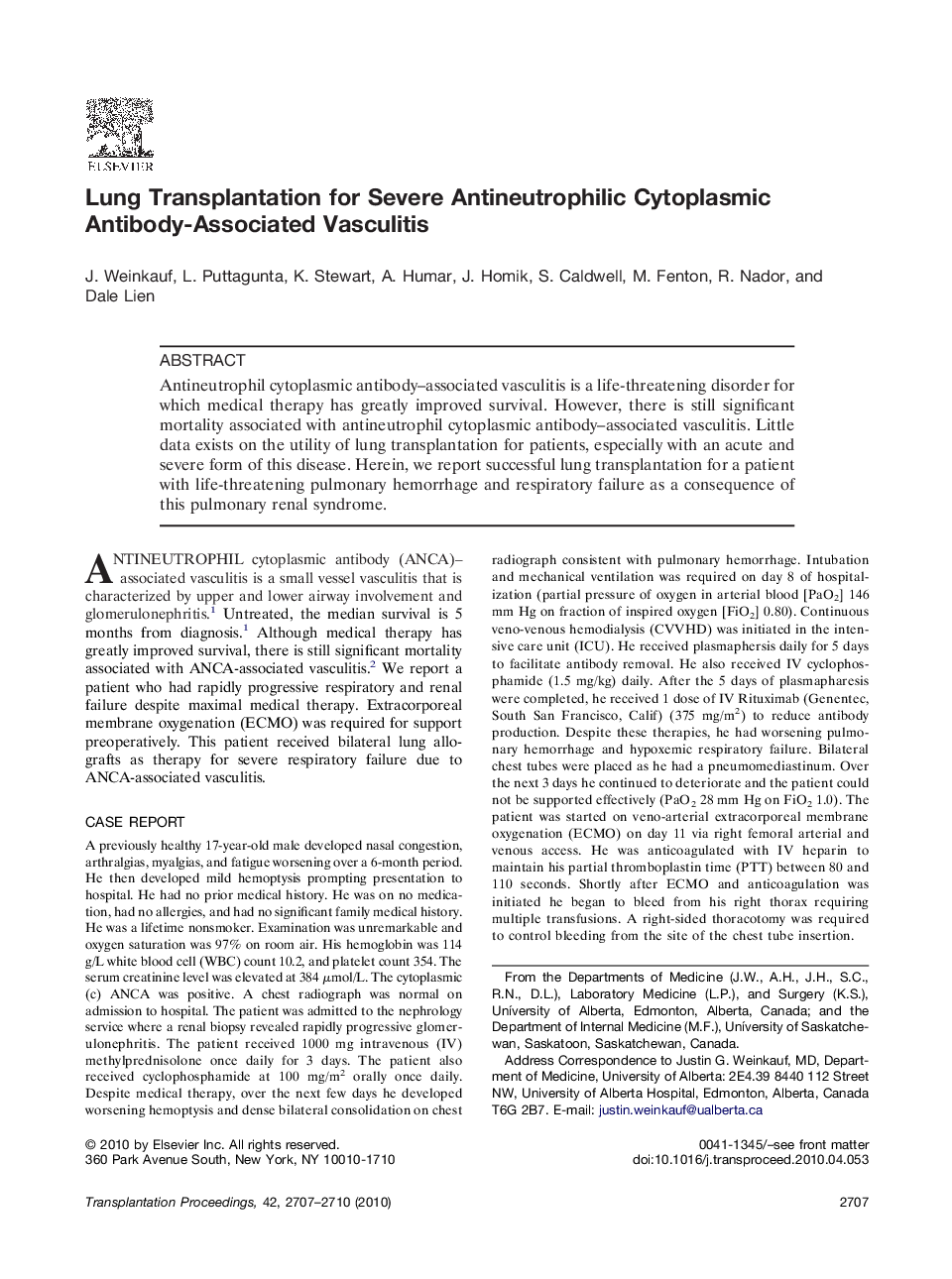 Lung Transplantation for Severe Antineutrophilic Cytoplasmic Antibody-Associated Vasculitis