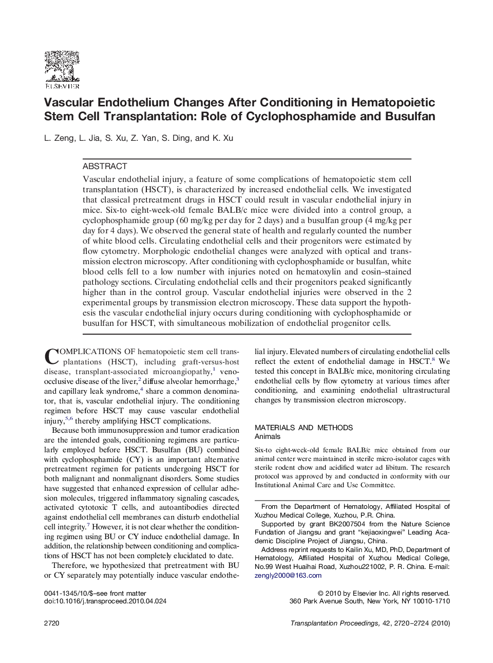 Vascular Endothelium Changes After Conditioning in Hematopoietic Stem Cell Transplantation: Role of Cyclophosphamide and Busulfan