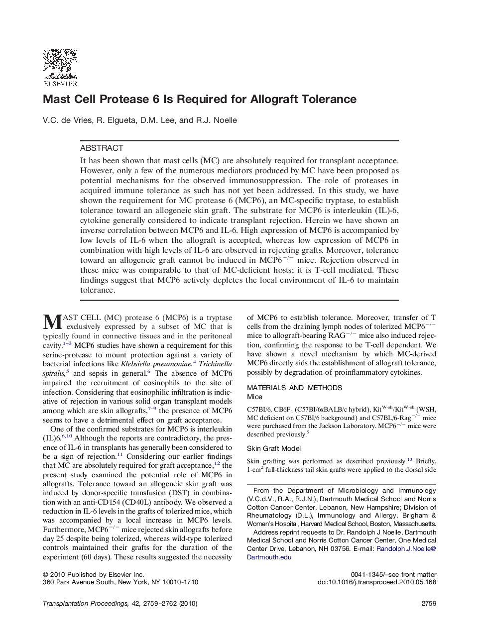 Mast Cell Protease 6 Is Required for Allograft Tolerance