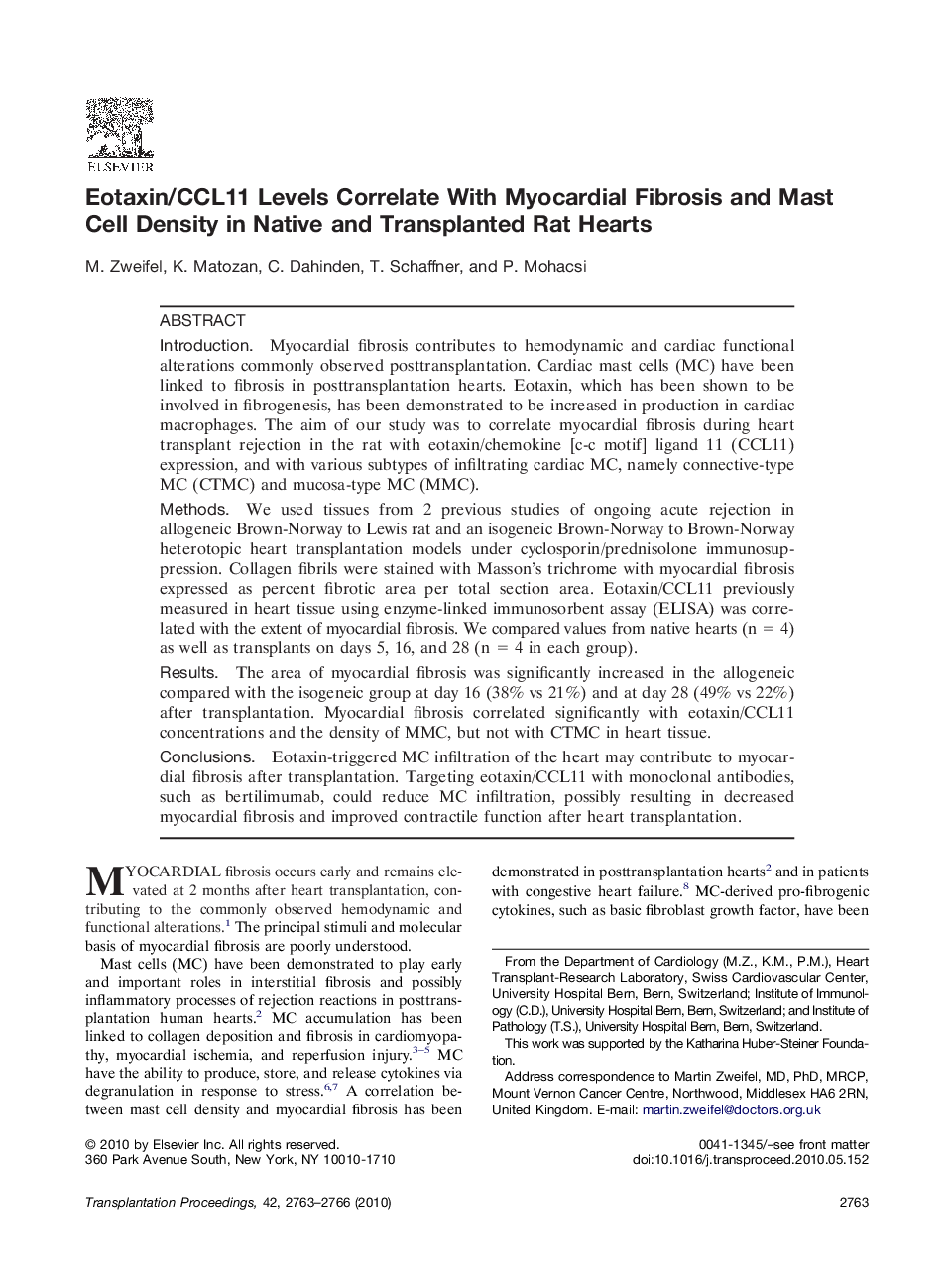 Eotaxin/CCL11 Levels Correlate With Myocardial Fibrosis and Mast Cell Density in Native and Transplanted Rat Hearts 