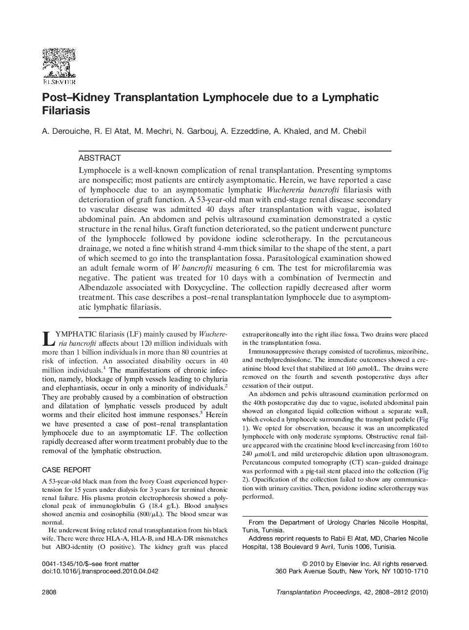 Post–Kidney Transplantation Lymphocele due to a Lymphatic Filariasis