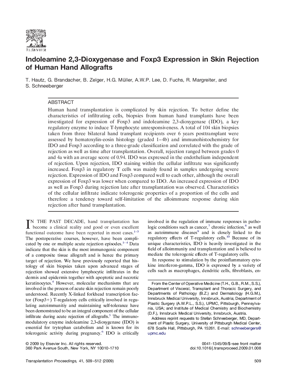 Indoleamine 2,3-Dioxygenase and Foxp3 Expression in Skin Rejection of Human Hand Allografts
