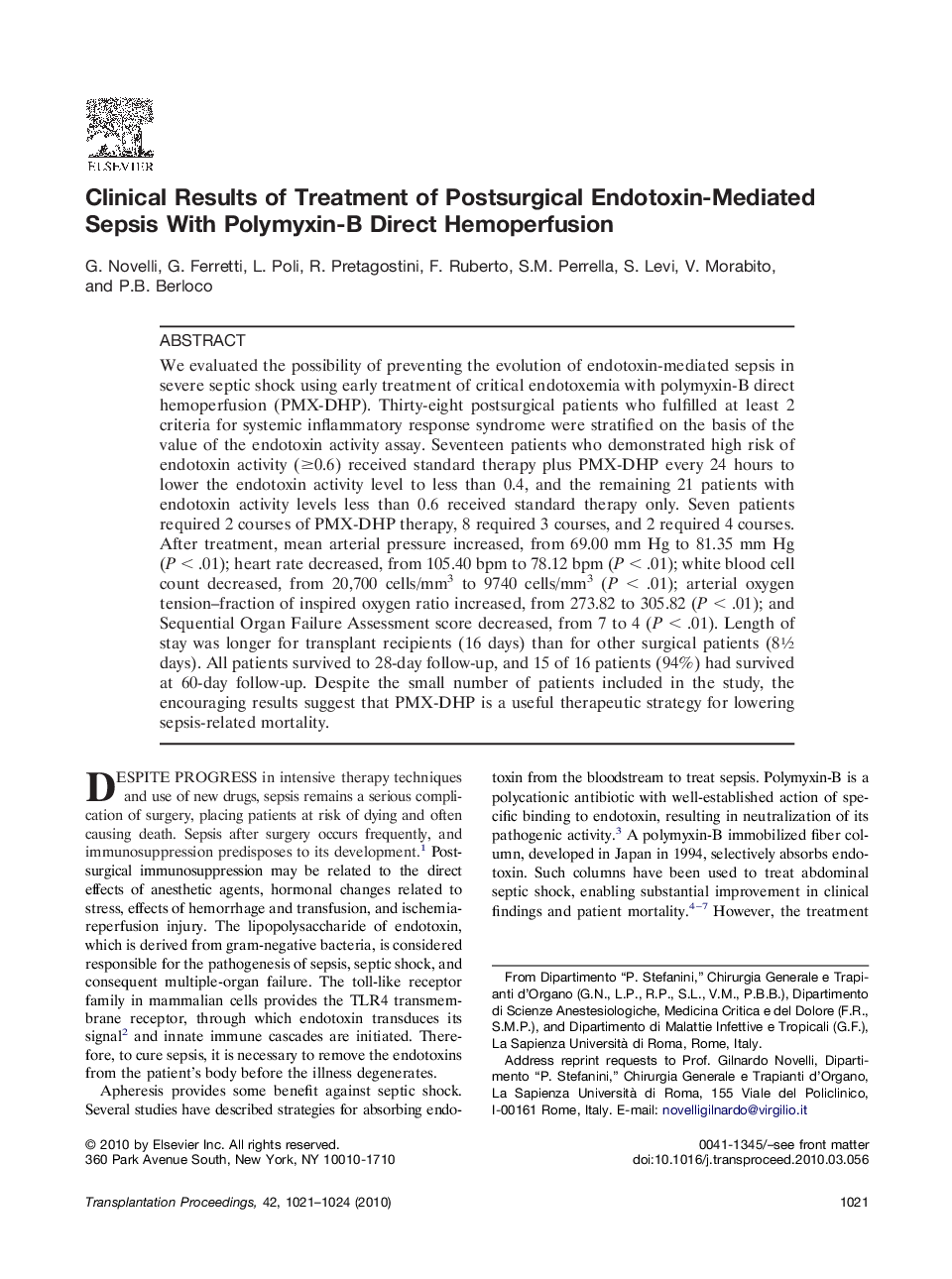 Clinical Results of Treatment of Postsurgical Endotoxin-Mediated Sepsis With Polymyxin-B Direct Hemoperfusion