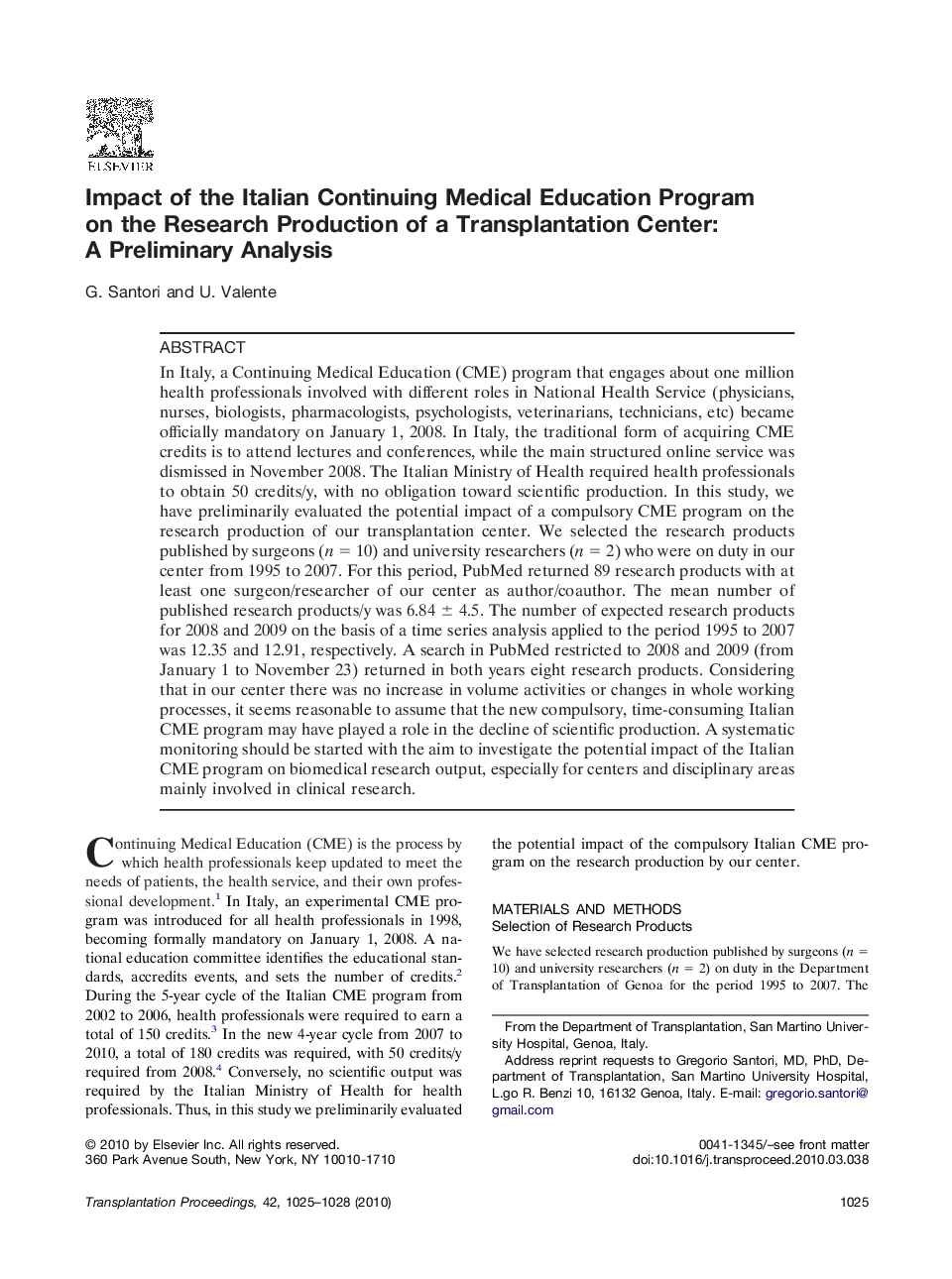 Impact of the Italian Continuing Medical Education Program on the Research Production of a Transplantation Center: A Preliminary Analysis