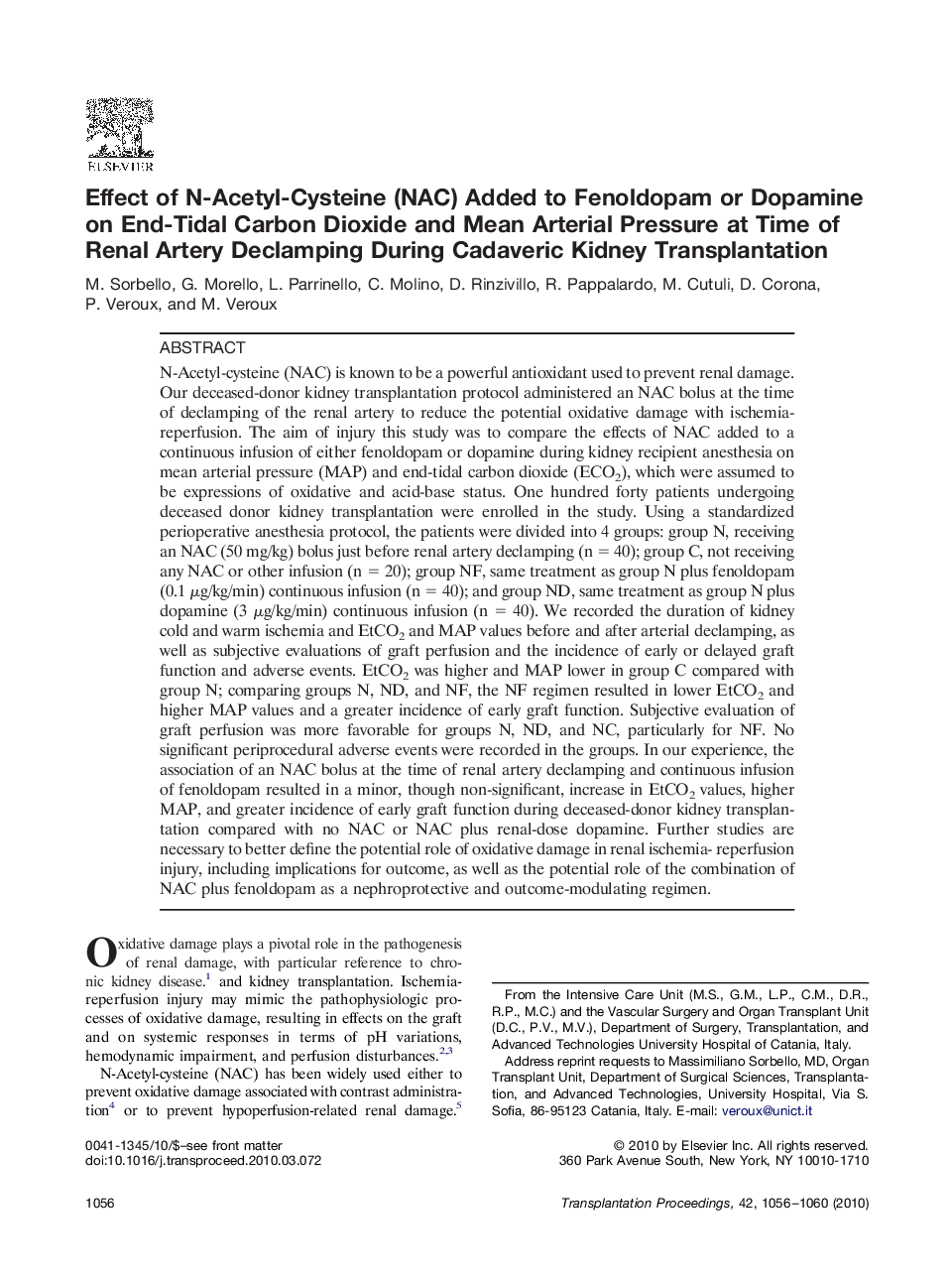 Effect of N-Acetyl-Cysteine (NAC) Added to Fenoldopam or Dopamine on End-Tidal Carbon Dioxide and Mean Arterial Pressure at Time of Renal Artery Declamping During Cadaveric Kidney Transplantation