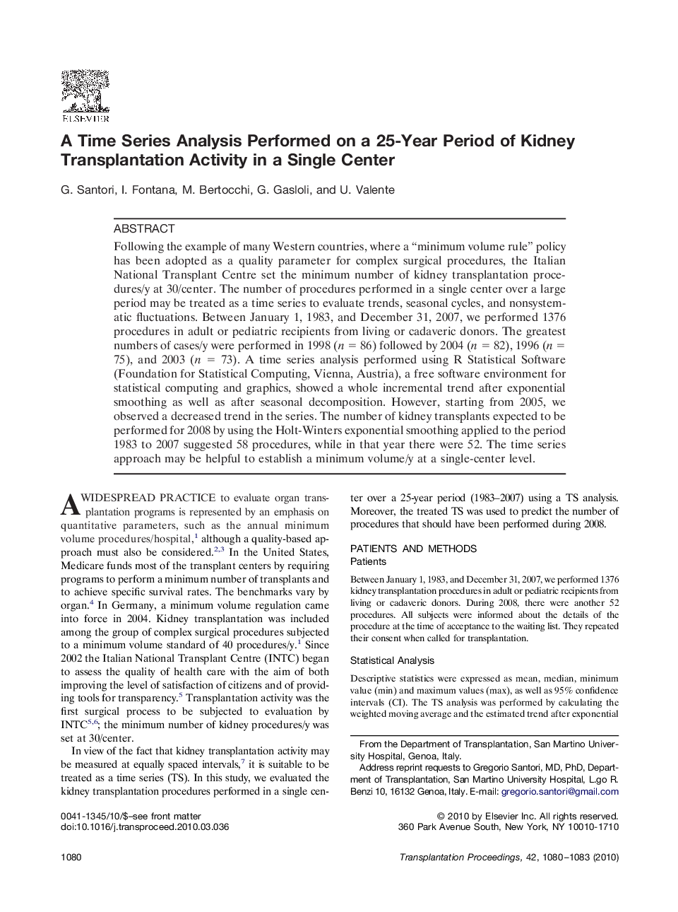 A Time Series Analysis Performed on a 25-Year Period of Kidney Transplantation Activity in a Single Center