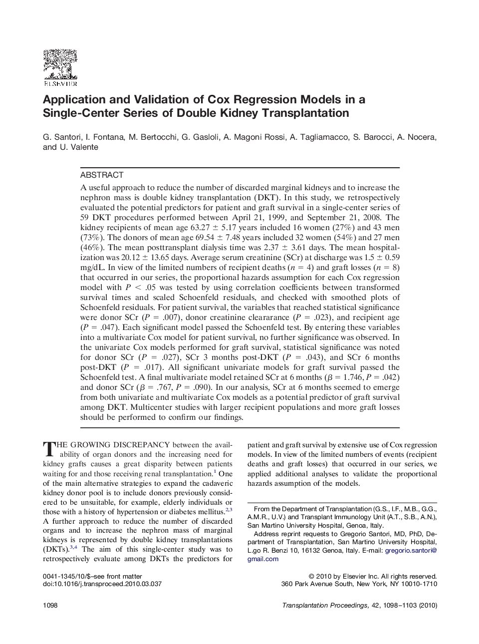 Application and Validation of Cox Regression Models in a Single-Center Series of Double Kidney Transplantation