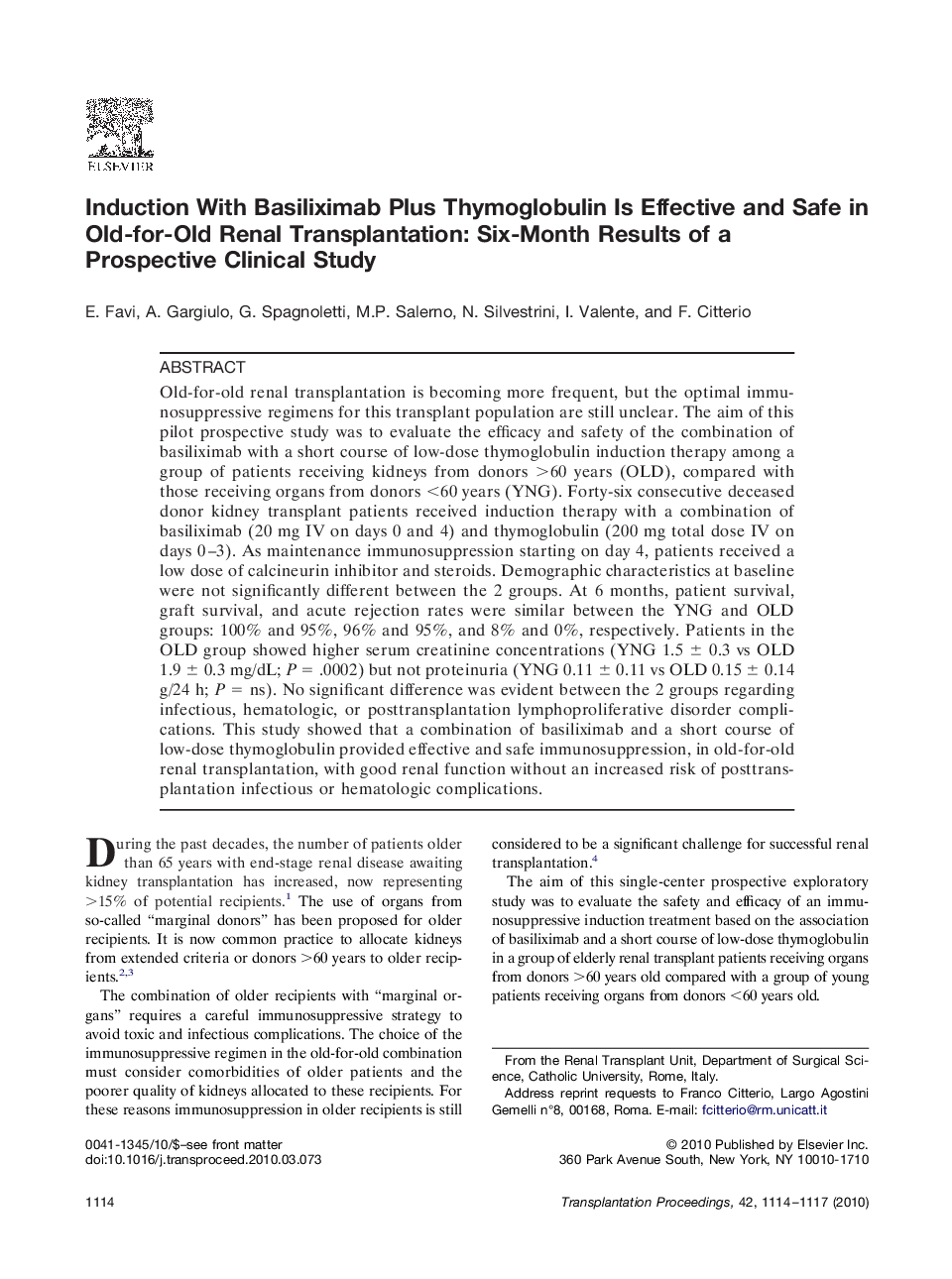 Induction With Basiliximab Plus Thymoglobulin Is Effective and Safe in Old-for-Old Renal Transplantation: Six-Month Results of a Prospective Clinical Study
