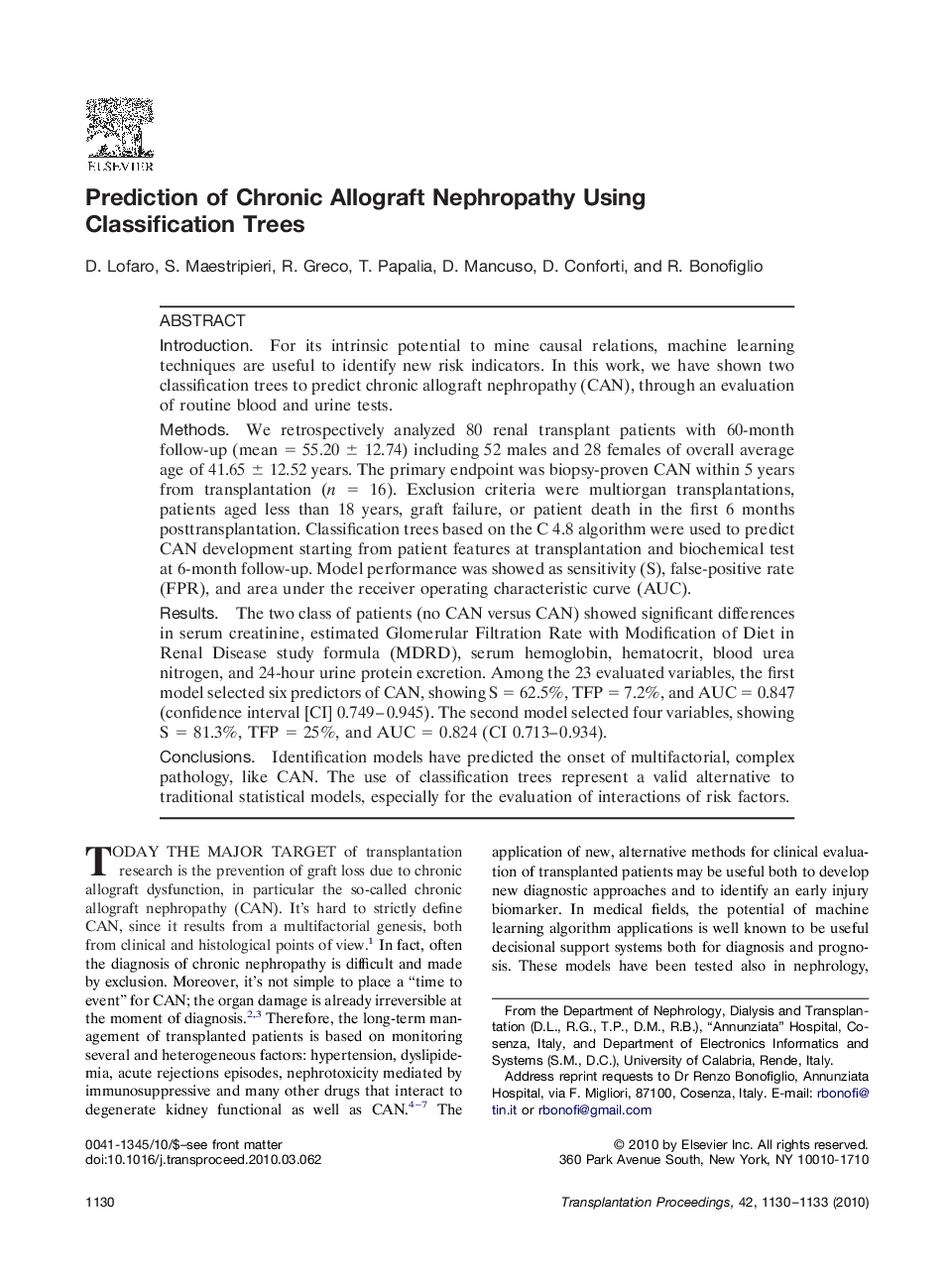 Prediction of Chronic Allograft Nephropathy Using Classification Trees