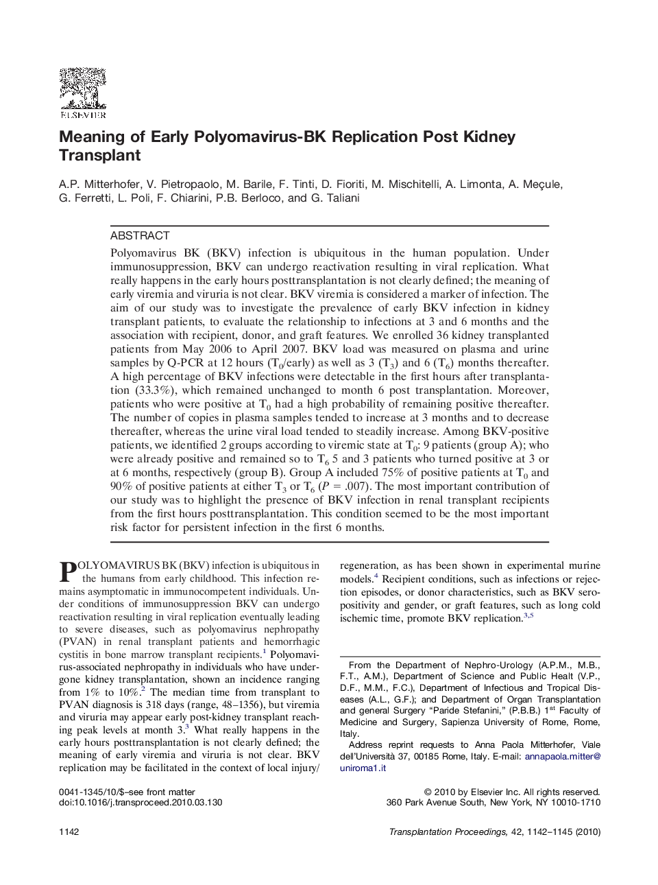 Meaning of Early Polyomavirus-BK Replication Post Kidney Transplant