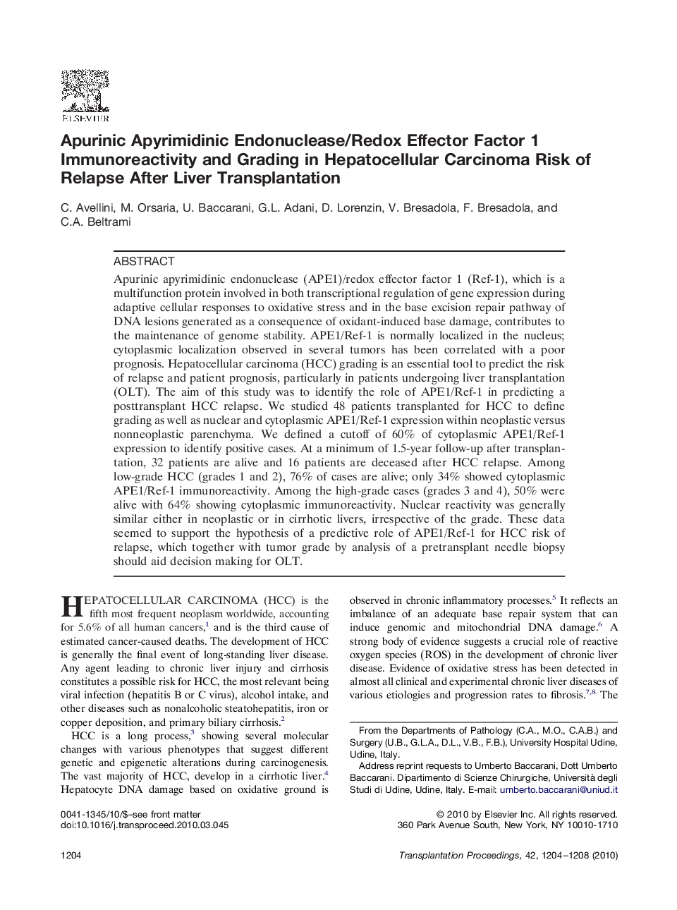 Apurinic Apyrimidinic Endonuclease/Redox Effector Factor 1 Immunoreactivity and Grading in Hepatocellular Carcinoma Risk of Relapse After Liver Transplantation