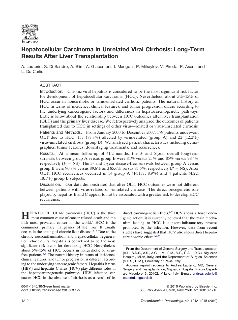 Hepatocellular Carcinoma in Unrelated Viral Cirrhosis: Long-Term Results After Liver Transplantation