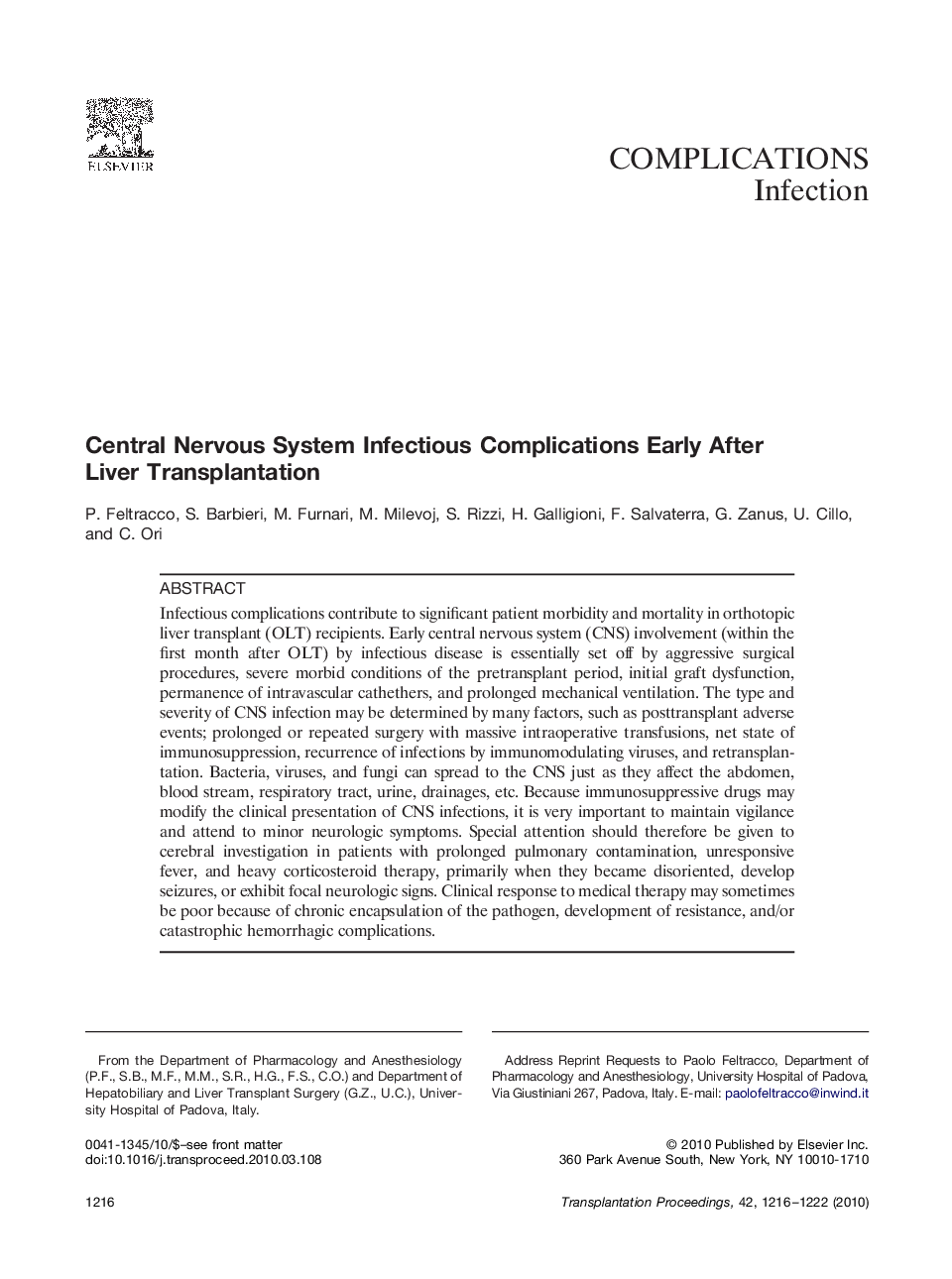 Central Nervous System Infectious Complications Early After Liver Transplantation
