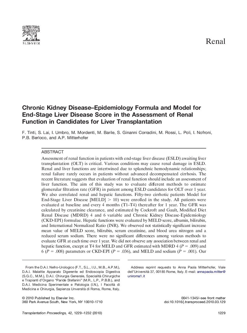 Chronic Kidney Disease-Epidemiology Formula and Model for End-Stage Liver Disease Score in the Assessment of Renal Function in Candidates for Liver Transplantation