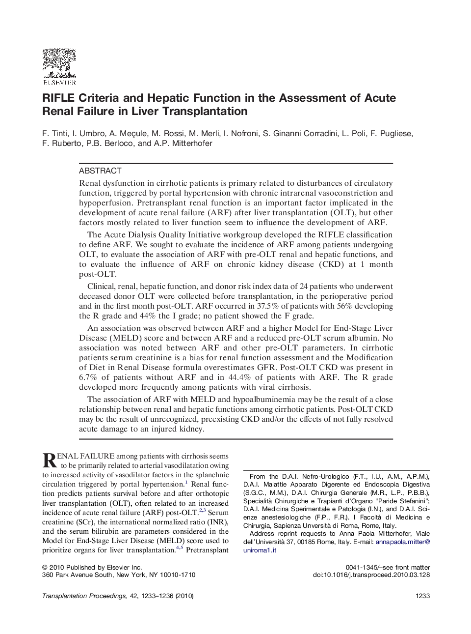 RIFLE Criteria and Hepatic Function in the Assessment of Acute Renal Failure in Liver Transplantation