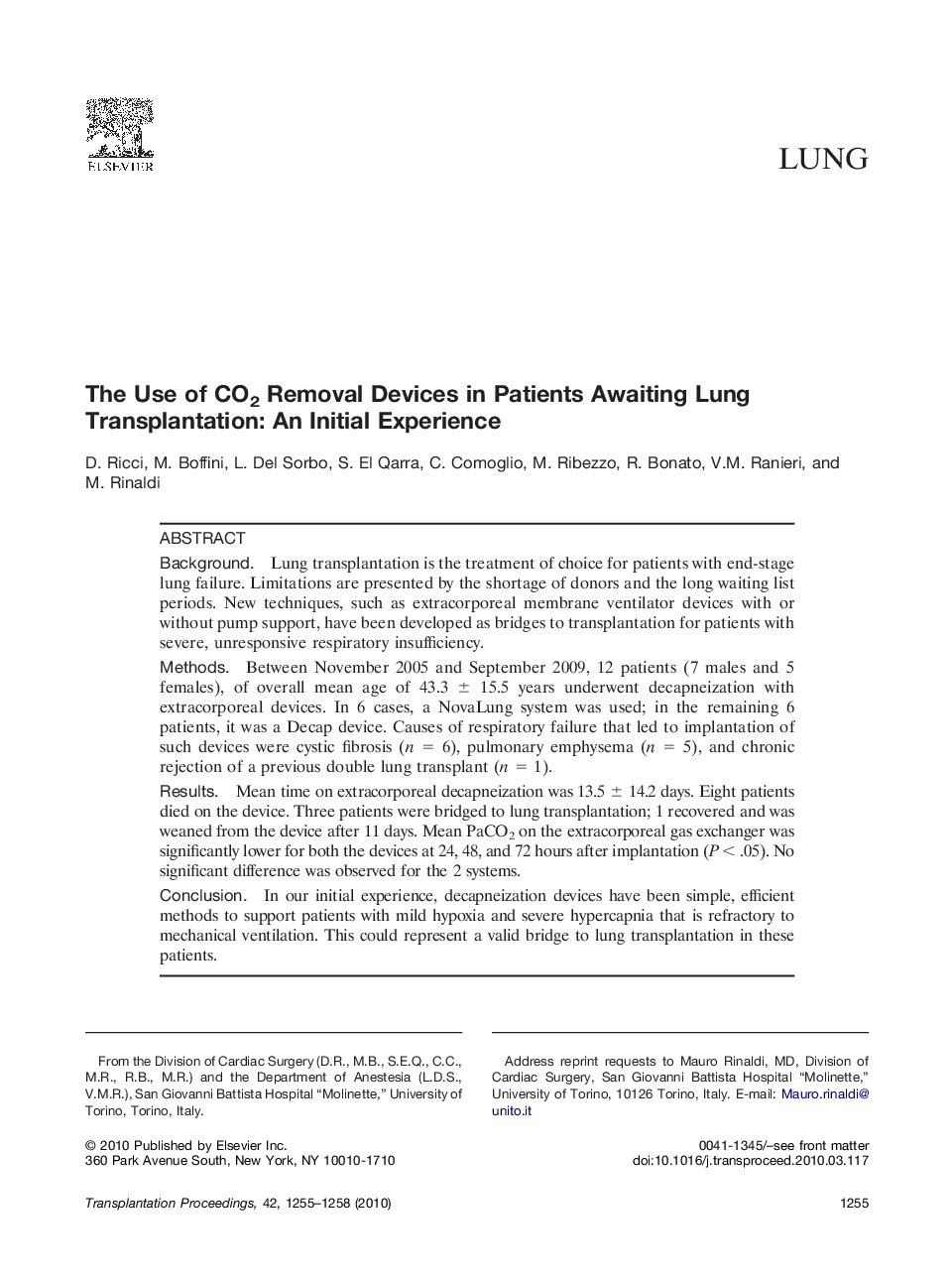The Use of CO2 Removal Devices in Patients Awaiting Lung Transplantation: An Initial Experience