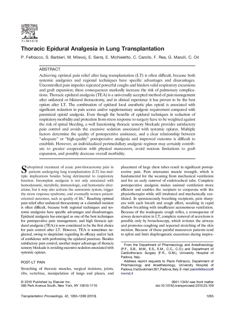 Thoracic Epidural Analgesia in Lung Transplantation