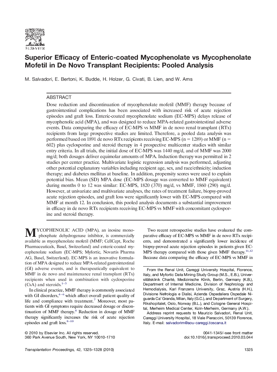 Superior Efficacy of Enteric-coated Mycophenolate vs Mycophenolate Mofetil in De Novo Transplant Recipients: Pooled Analysis
