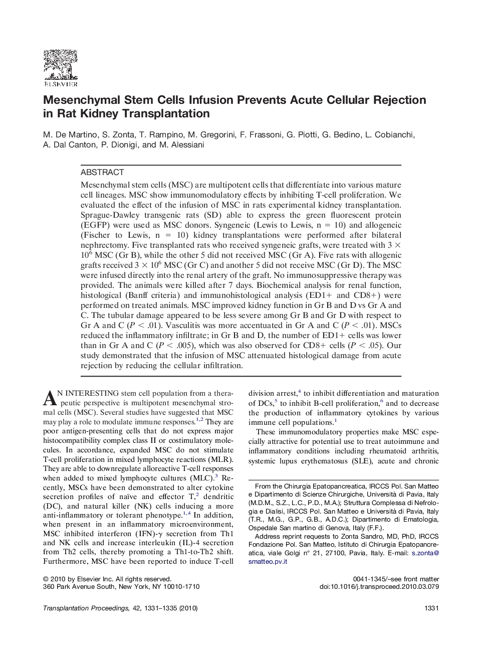 Mesenchymal Stem Cells Infusion Prevents Acute Cellular Rejection in Rat Kidney Transplantation