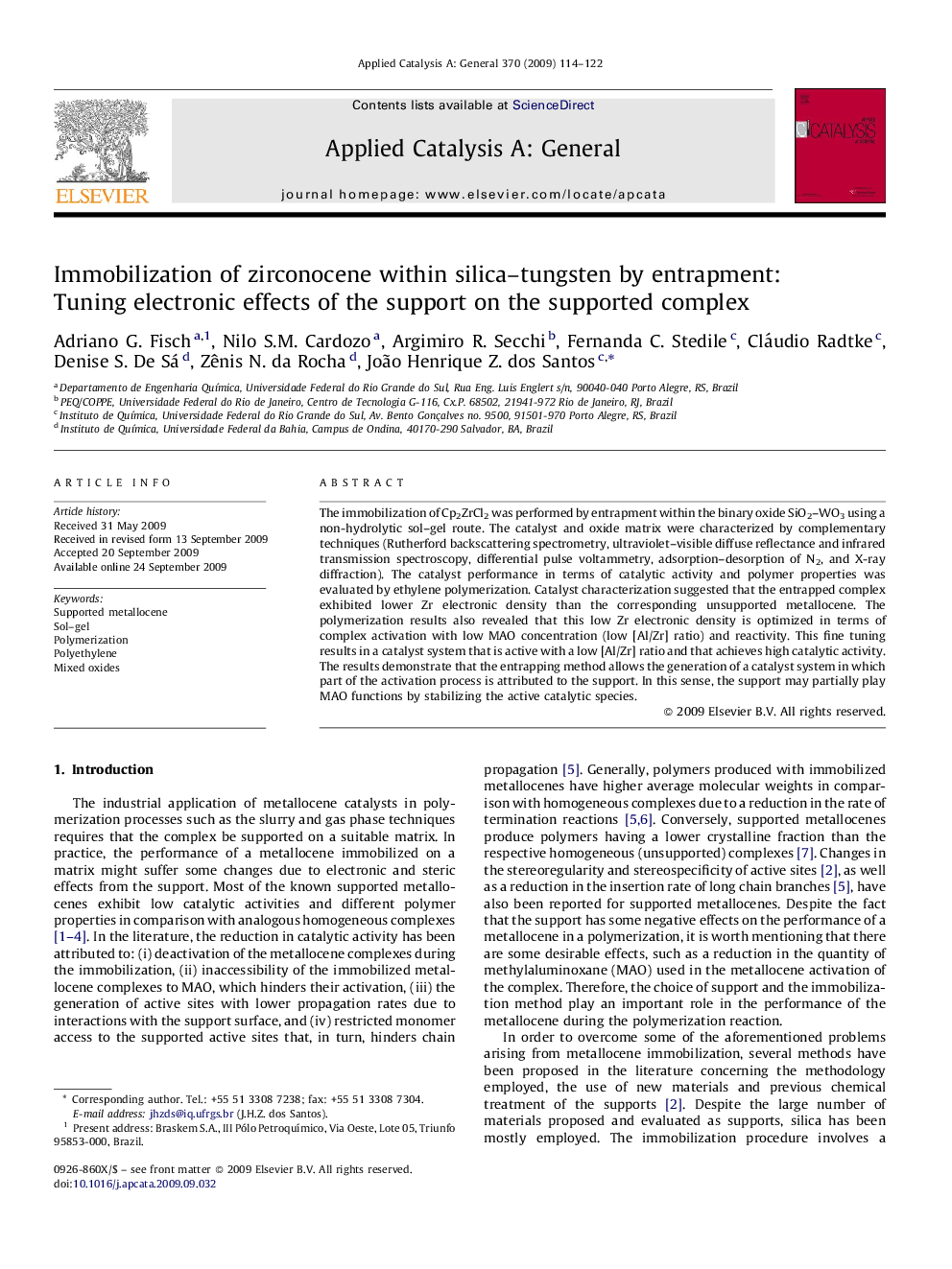 Immobilization of zirconocene within silica–tungsten by entrapment: Tuning electronic effects of the support on the supported complex