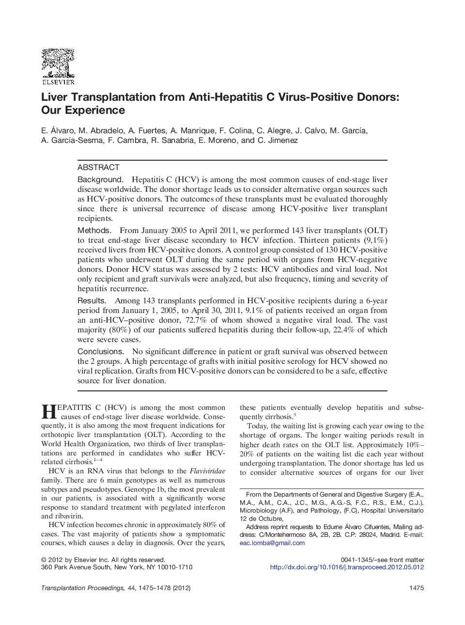 Liver Transplantation from Anti-Hepatitis C Virus-Positive Donors: Our Experience
