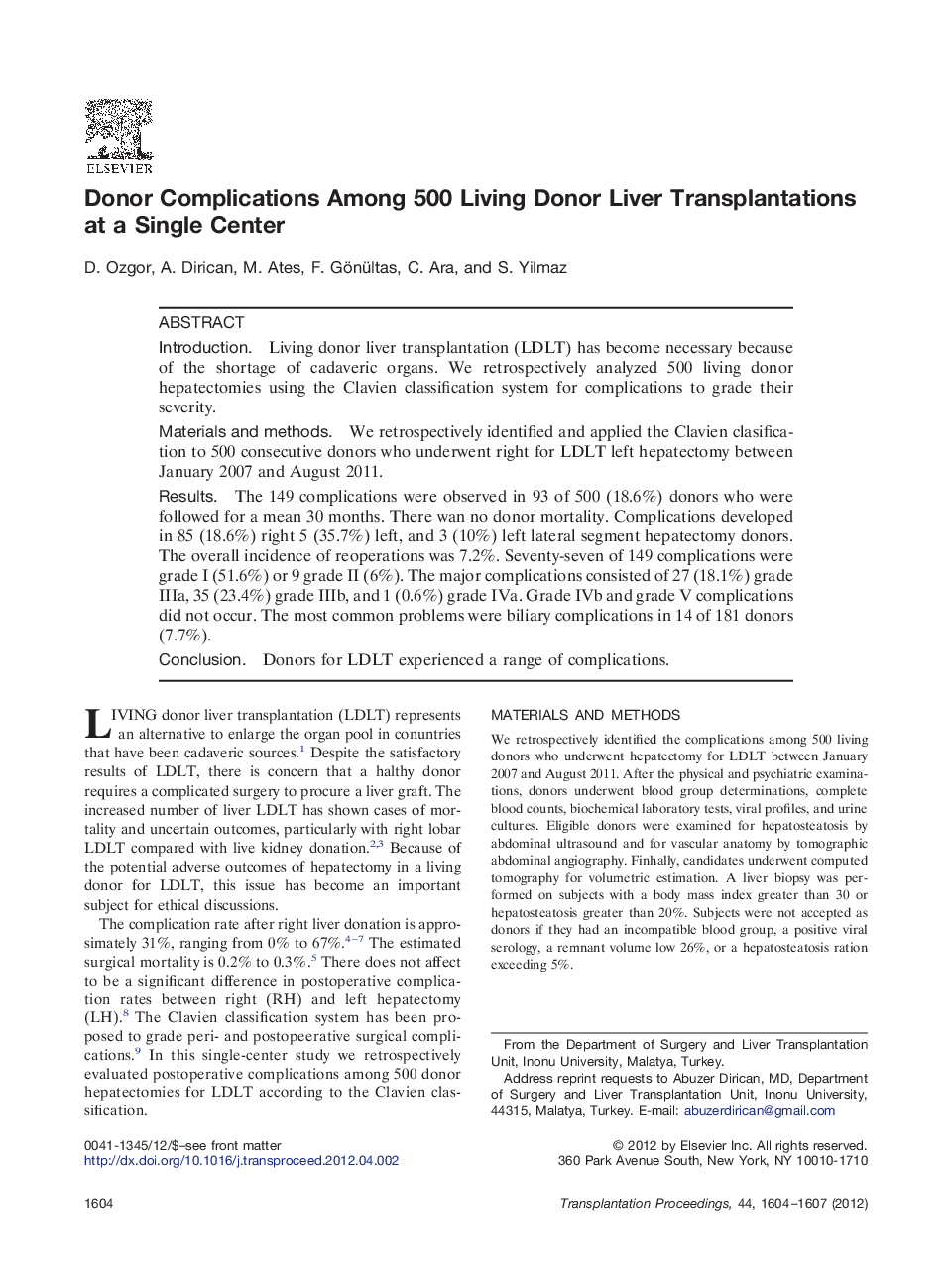 Donor Complications Among 500 Living Donor Liver Transplantations at a Single Center