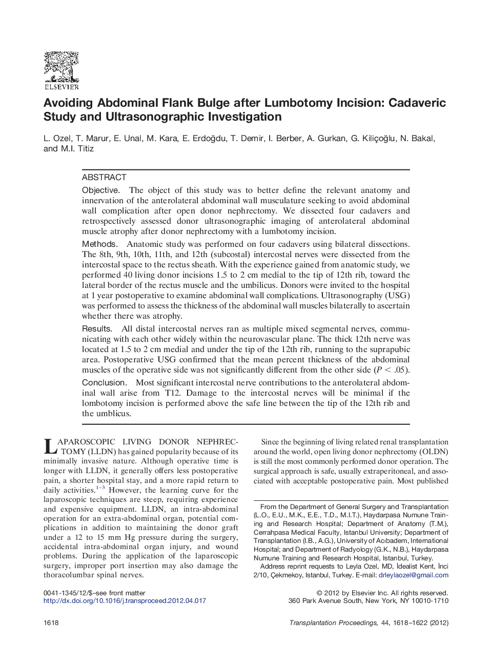 Avoiding Abdominal Flank Bulge after Lumbotomy Incision: Cadaveric Study and Ultrasonographic Investigation