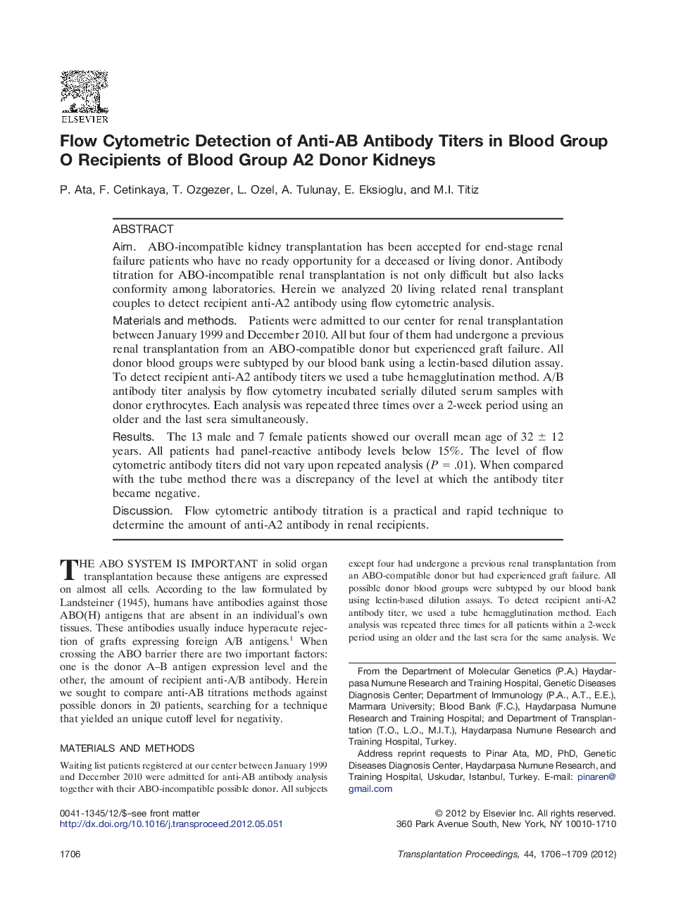 Flow Cytometric Detection of Anti-AB Antibody Titers in Blood Group O Recipients of Blood Group A2 Donor Kidneys